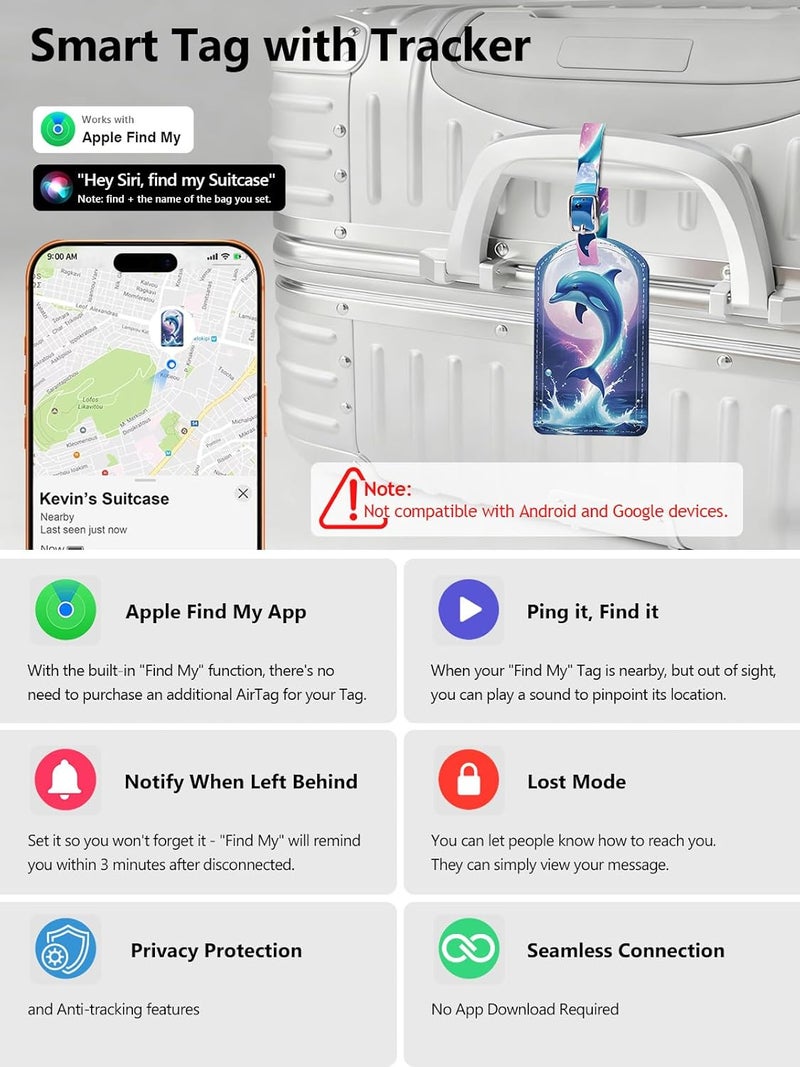 LifeChé Luggage Tags Built-in Anti-Loss Tracker, Luxury Leather Luggage Tags for Suitcase, Travel Bags, Backpacks, Travel Organizer for Lost Baggage Prevention (Moon Dolphin) - Image 2